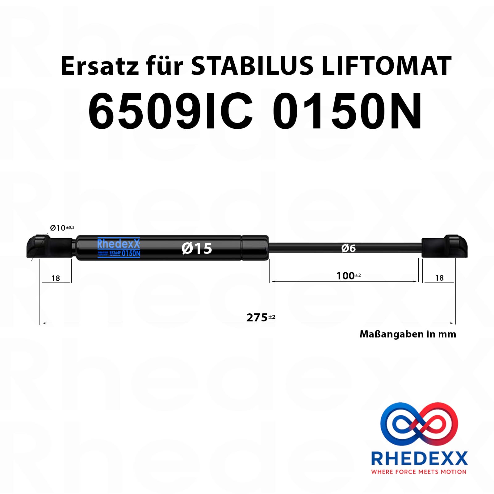 Gasdruckfeder Ersatz für Stabilus Lift-O-Mat 6509IC 0150N RhedexX® Gasdruckdämpfer mit M6 Kugelpfanne 275mm/100mm (150N - 6509IC)