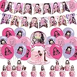 THREEMAO Party Decorations, Birthday Party Supplies - Rose Gold Foil Balloons, Cake Topper, 12 Cupcake Toppers, 18 Balloons, Happy Birthday Banner - Anime Nezuko Theme