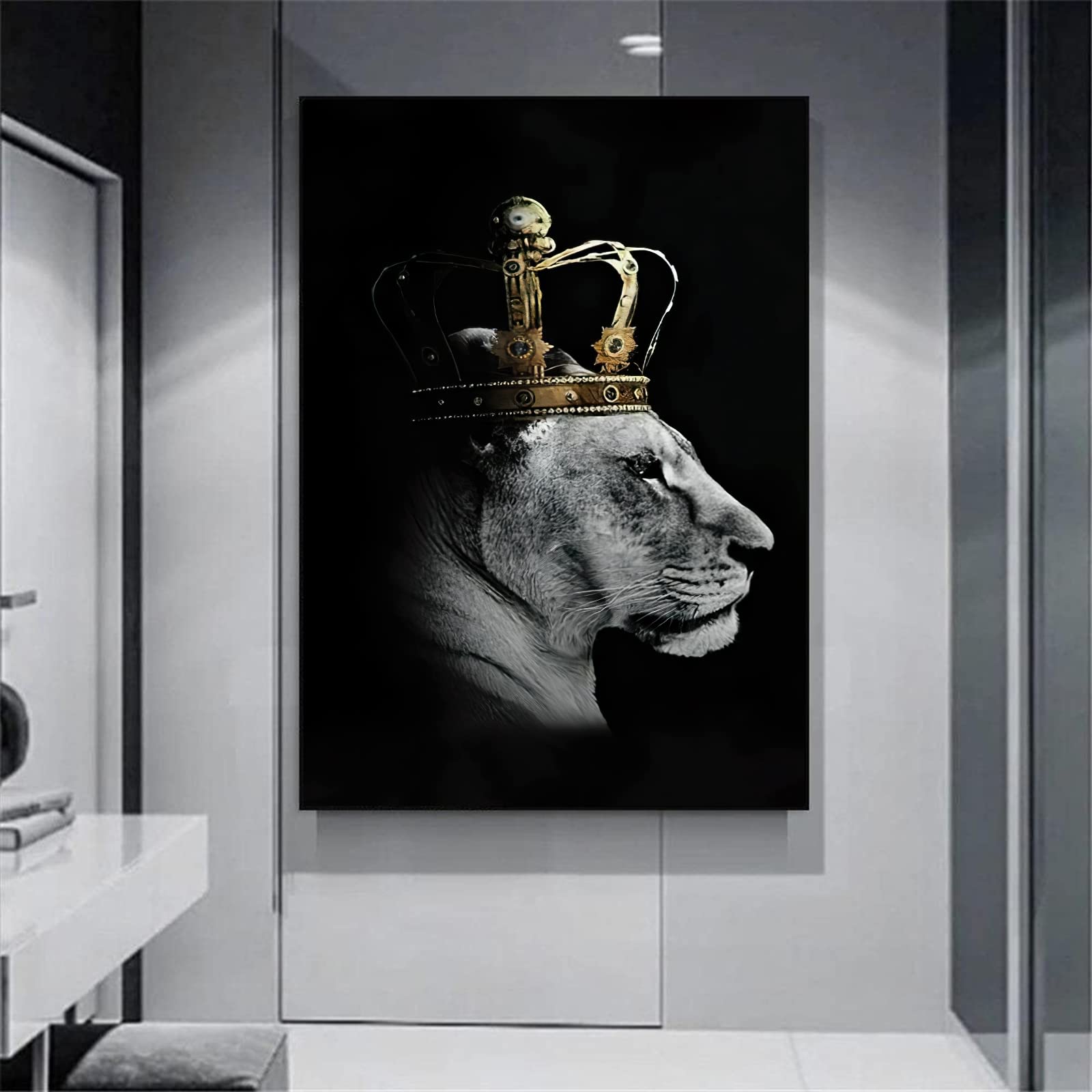 IUNTWEIE León y leona con corona, imágenes de lienzo en blanco y negro, póster de animales, decoración de arte animal salvaje, impresiones para sala de estar, sin marco (león -1, 2x50x70)