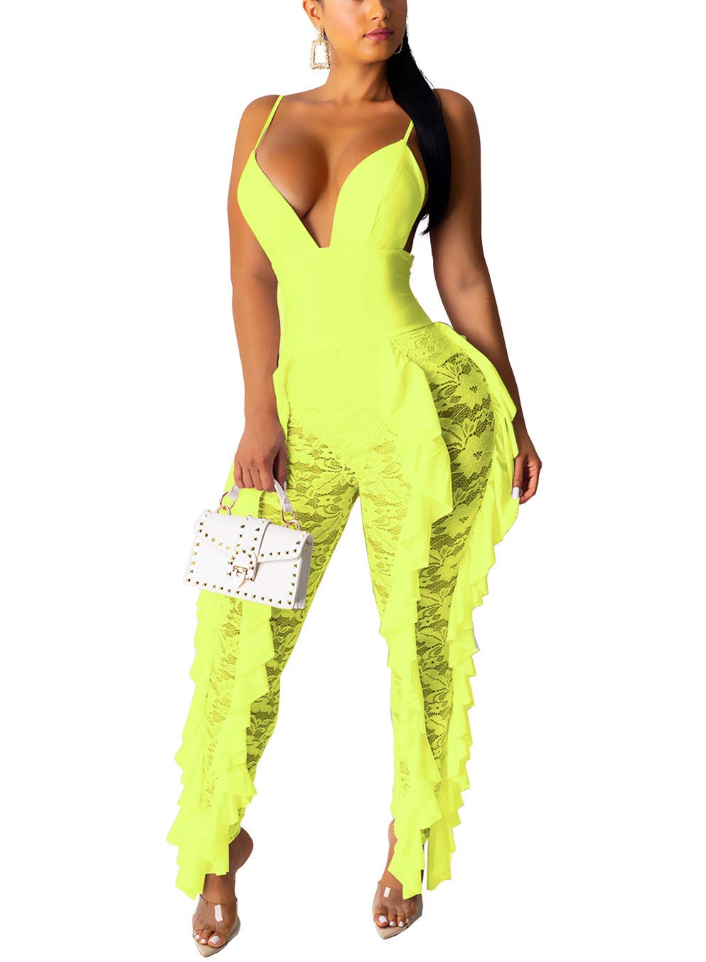 JOSUSY Women's Sexy Lace Strap Jumpsuits Ruffled One Piece Backless Clubwear Rompers Long Pants