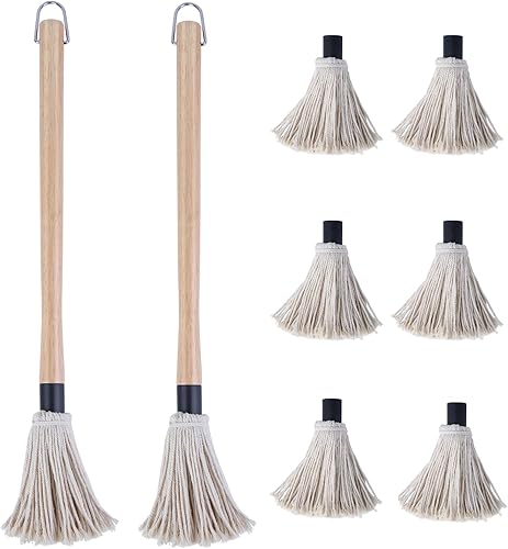 Juego de 2 cepillos para fregona de barbacoa de 18 pulgadas, con 6 cabezales de repuesto adicionales, cabeza de algodón de mango largo de madera,