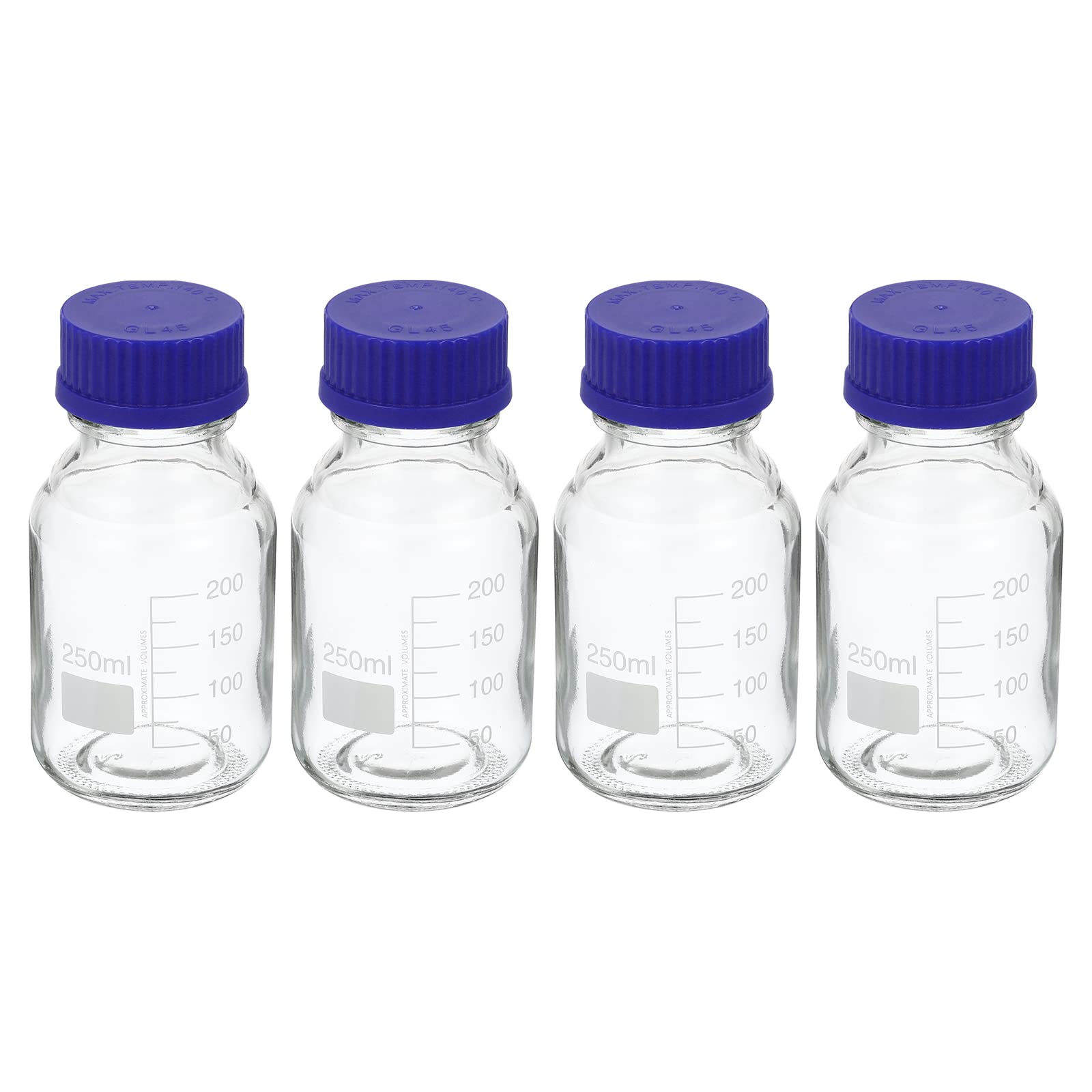 PATIKIL 250mL Reagent Media Bottle, 4Pcs Round Graduated Glass Storage Bottle Blue Screw Cap for Chemistry Lab Universities Home, Clear