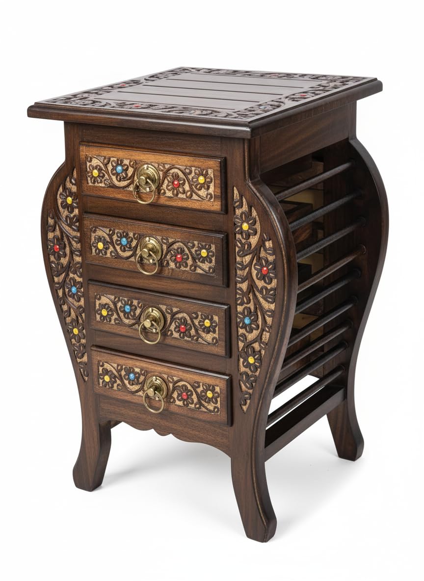 wooden side table with drawer | natural mango wood antique look stool for living room & bedroom | bedside end table with storage shelf (four drawer antique table)