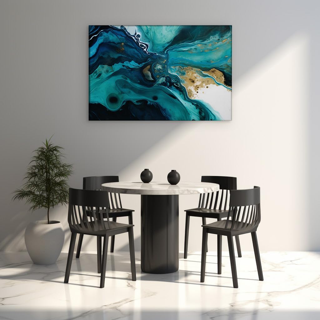 Canvas for Living room. Oceanic Elegance � Unveiling the Dynamic Blues, Greens, and Golds of Abstract Art, 27 x 18 inch Canvas Wall Art - Contemporary Masterpieces - Modern Home Decor