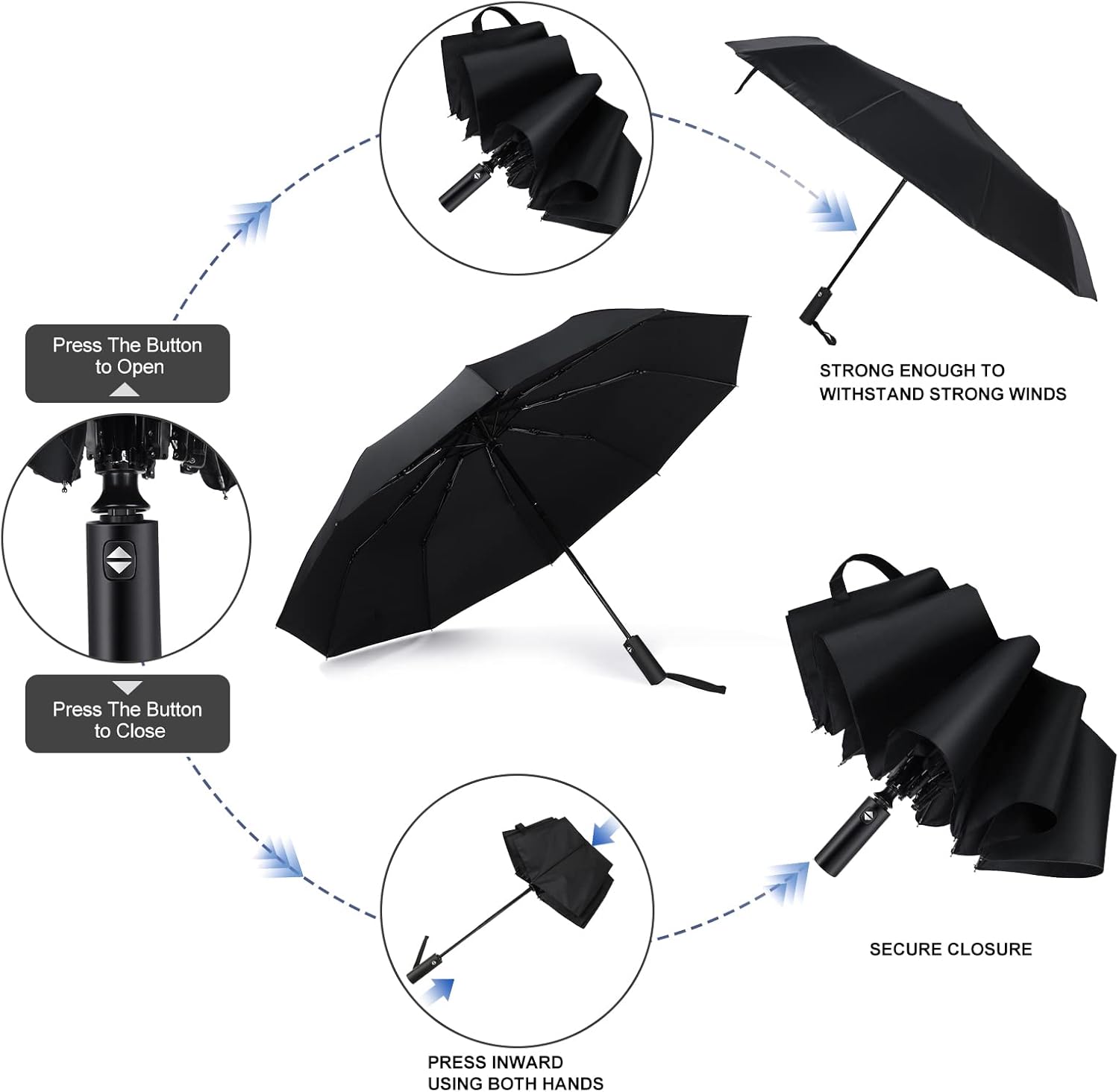 Jexine 12pcs Travel Compact Umbrellas Bulk, 10 Ribs Automatic Open Close Windproof Black Umbrella for Rain Backpack Car Women Men