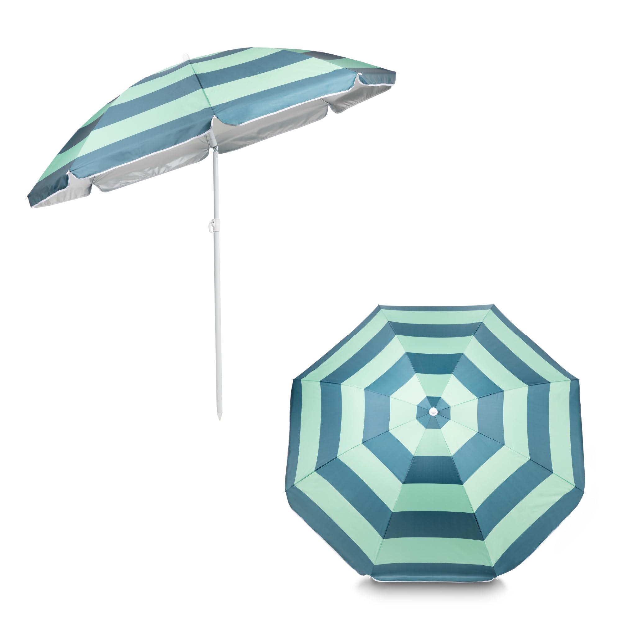 Yello Eco Parasol – Sustainable Beach, Garden & Patio Umbrella with Tilt Function, UPF50+ Sun Protection, Recycled Polyester, Green Stripe Design, Lightweight with Carry Bag