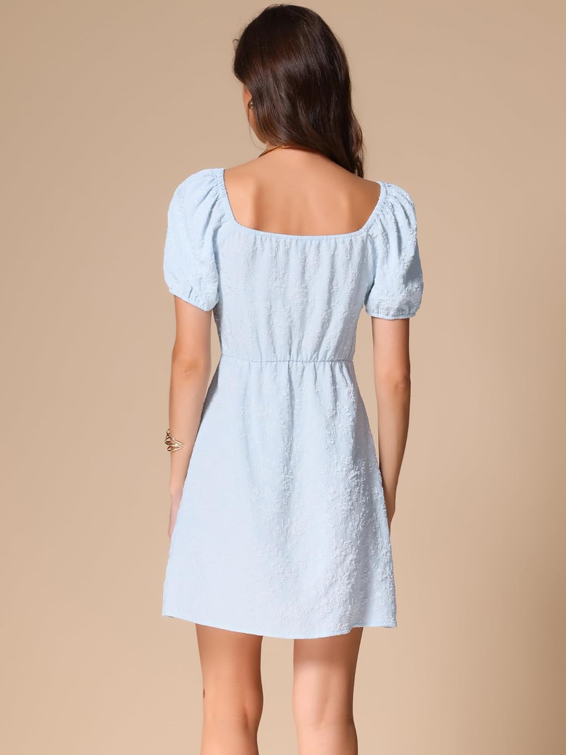 Allegra K Jacquard Floral Dress for Women's Square Neck A-Line Summer Puff Sleeve Dresses - Image 3