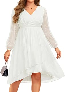 Plus Size Cocktail Dress - Formal Wedding Guest Fall Long Sleeve A Line Pleated V Neck Midi Dresses for Curvy Women