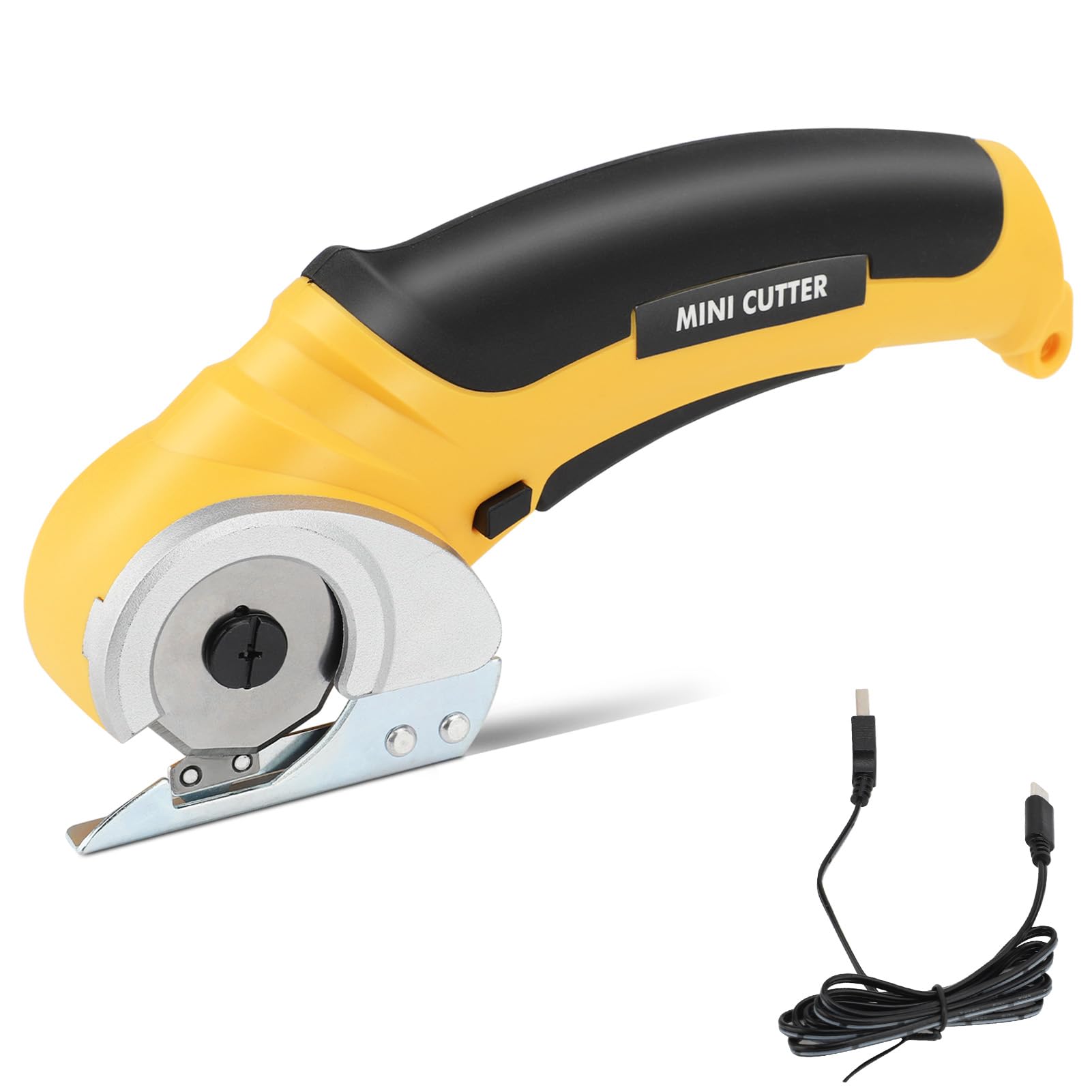 Forbici Elettriche per Tessuti, Taglierina Elettrica Cordless Ricaricabili con 2000 mAh, 240 corse/min, Lama in Acciaio SK5, Taglierina per Cartone, Tessuti, Moquette e Pelle(Giallo)