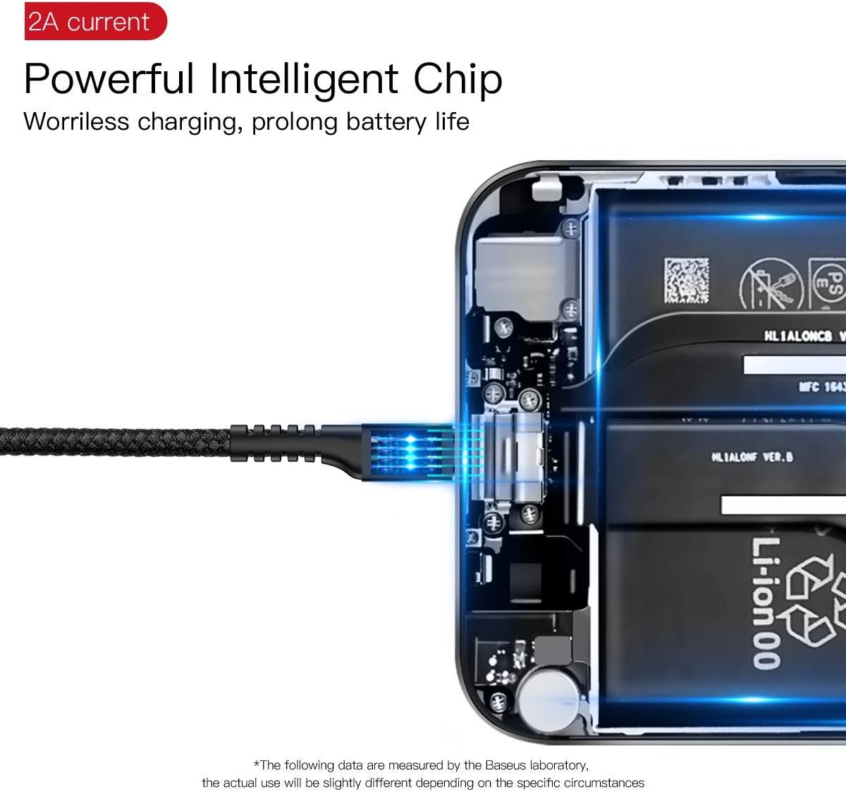 Close-up of Baseus USB Type C cable connected to a device, highlighting its intelligent chip for safe charging.