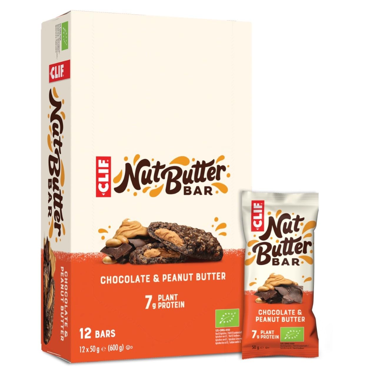 CLIF Bar Nut Butter Bar | Barrita de Proteína con 7g de Proteína Vegetal | Chocolate & Peanut Butter | Barrita Snack Orgánica | 12 x 50 g