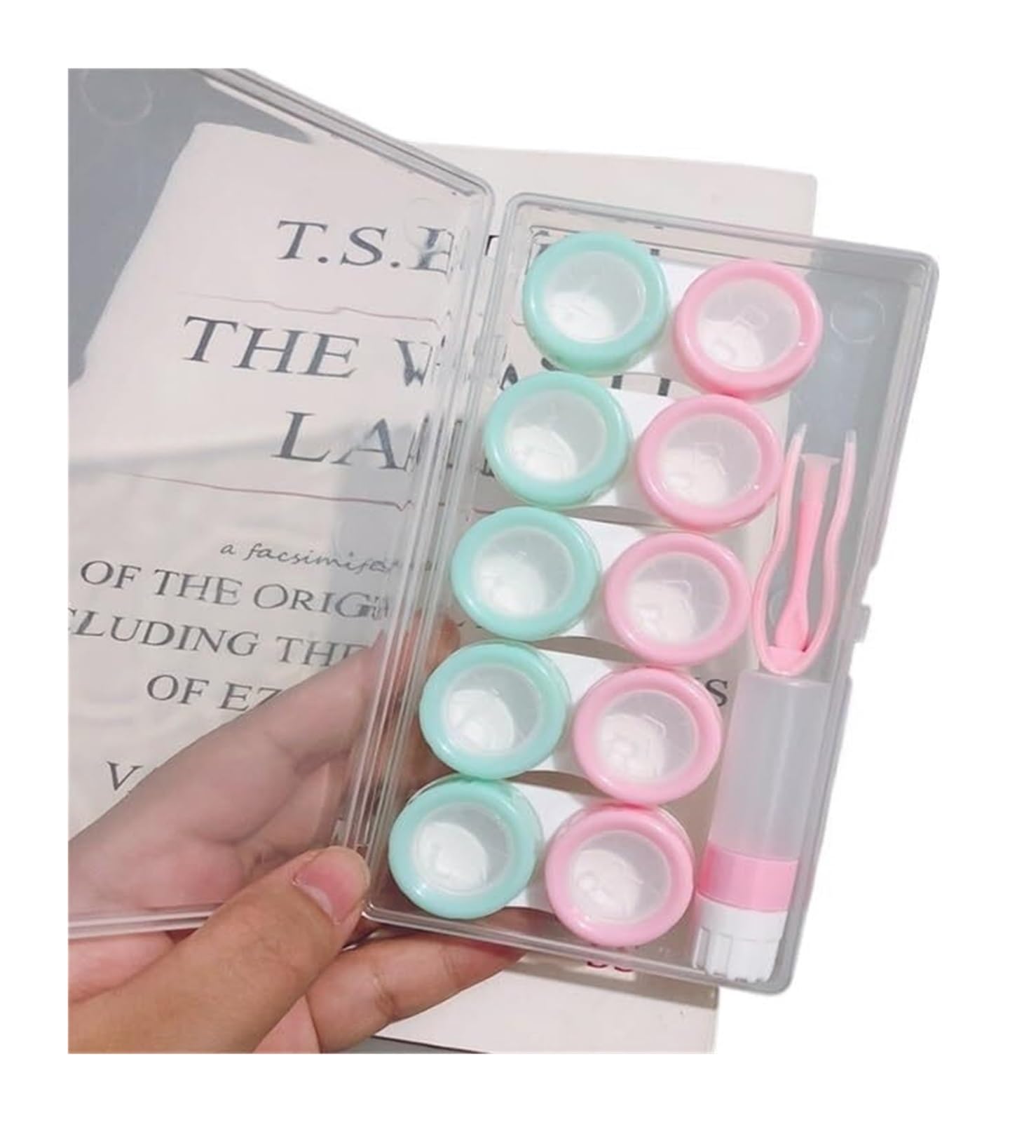 Etui podróżne na soczewki kontaktowe, Etui na soczewki kontaktowe 10 siatek Przenośne, szczelne podwójne pudełko Miękka wyściółka Wielokolorowa(Pink Green 10 Grids)