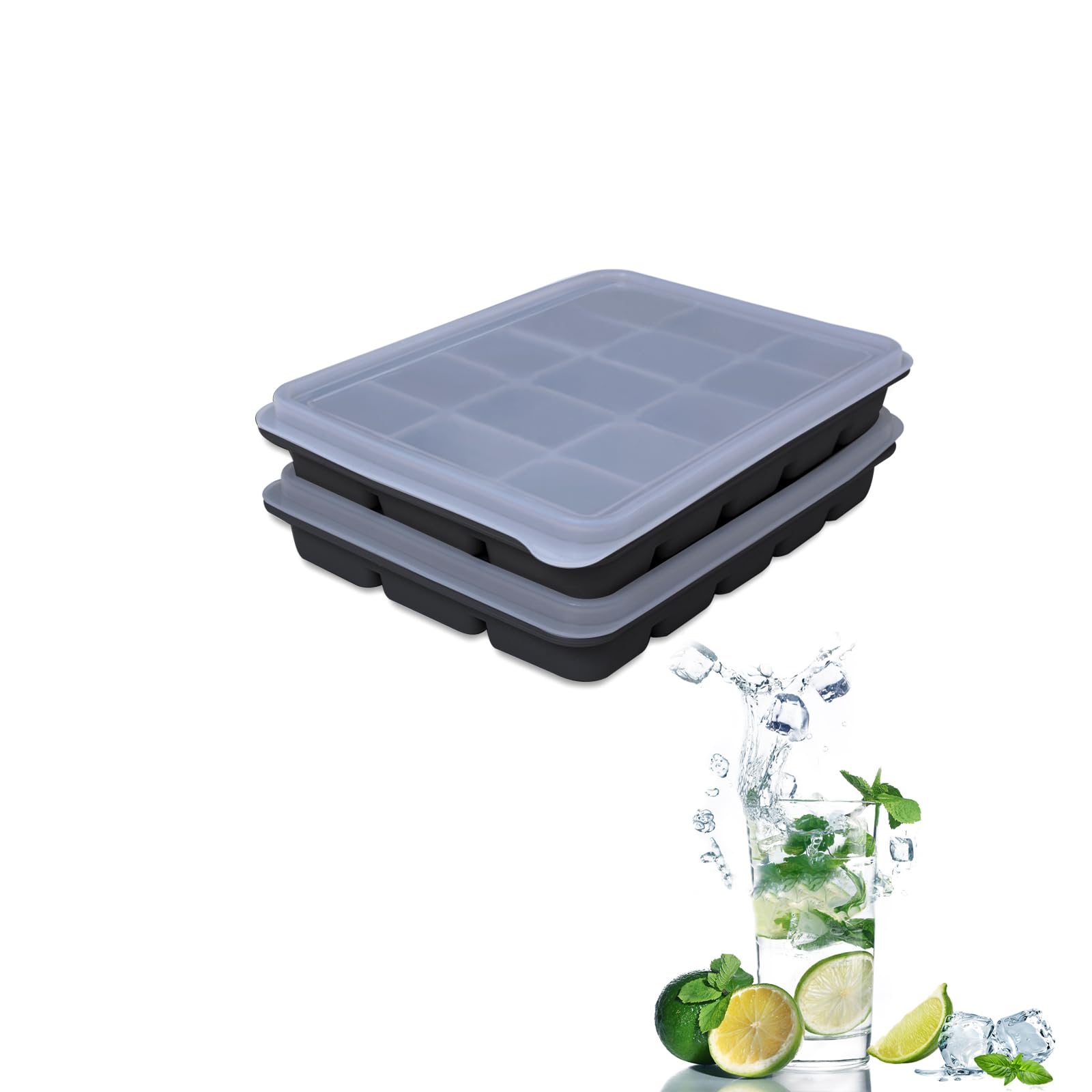 Tvmania Ice Cube Trays Set of 2, Easy Release 15 Flexible Silicone Ice Cube Molds with Removable Lid Reusable Freezer Ice Trays Stackable for Whiskey,