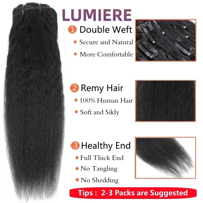 Miniatura 3 de LUMIERE Yaki - Extensiones de cabello lacio con clip, grado 10A, cabello Remy brasileño con 20 clips, tramas dobles gruesas y suaves, color negro
