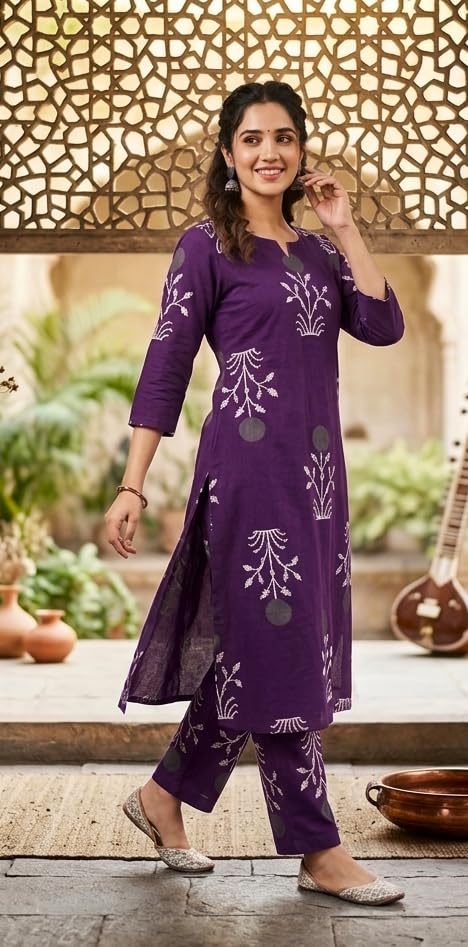 Image of CREATION & YOU Women's Pure Cotton Floral Printed Kurta with Palazzo Pants | Ethnic Set | Kurti Set for Women | Cotton Cord Set for Women