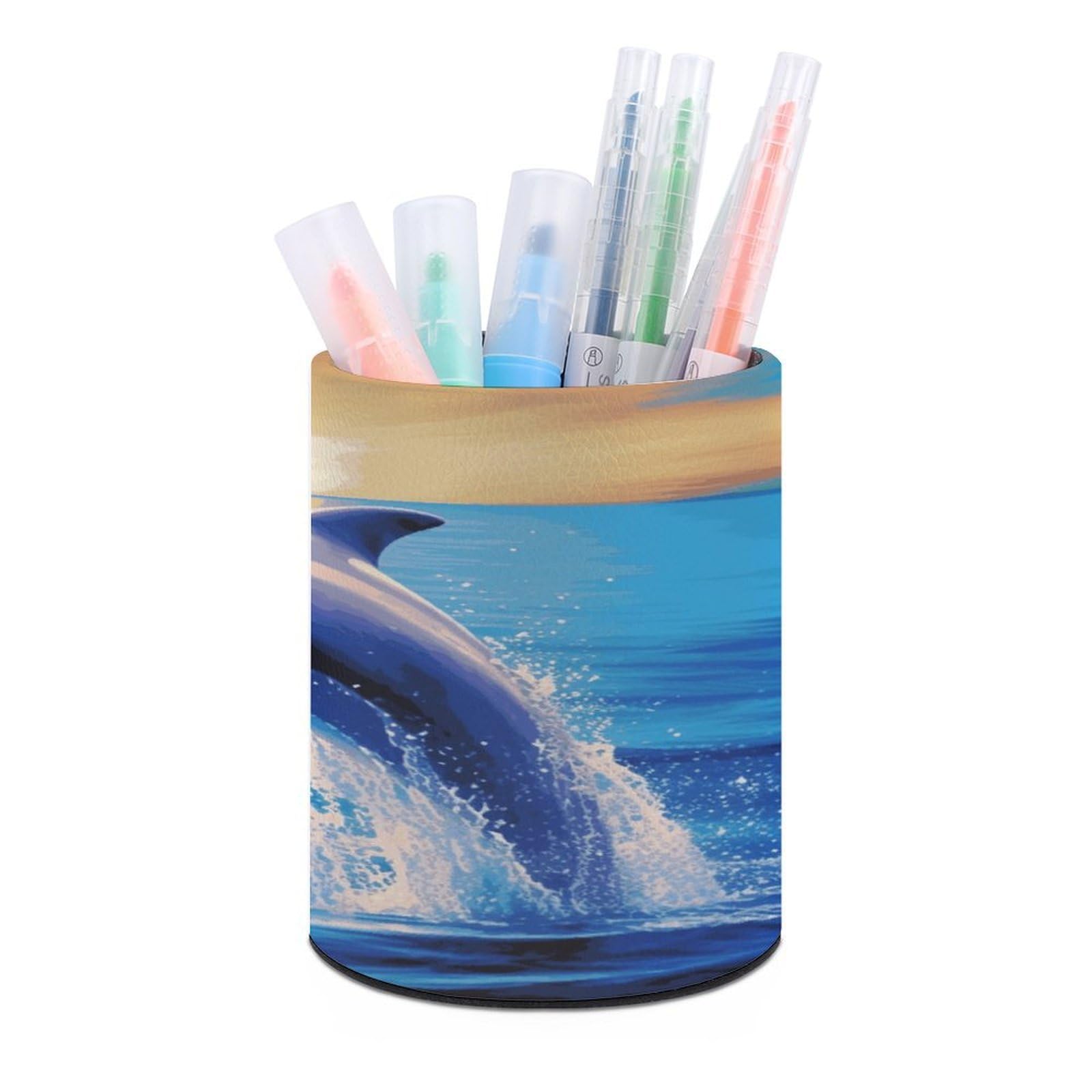 JTREHY - Elegant Round Dolphin Pen Holder Makeup Brush Holder PU Leather Stationery Organizer Office Accessories Container Box