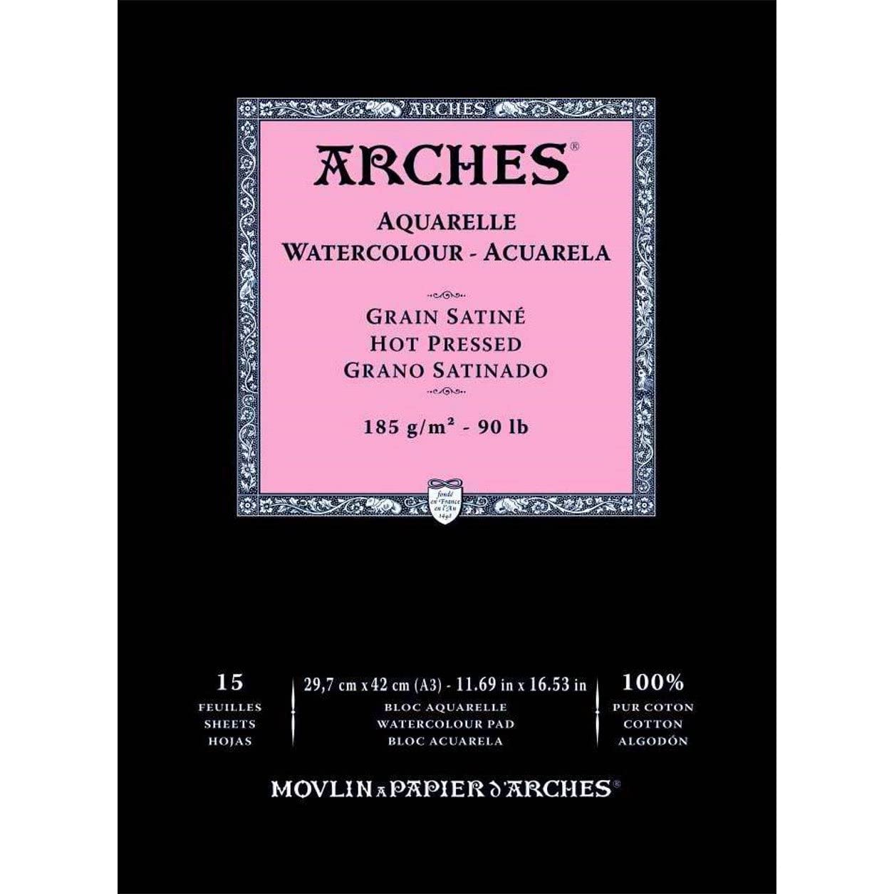 Arches Bloc para acuarela encolada 1 lado (15 hojas) – grano satinado – blanco natural 185 g/m2 – A3