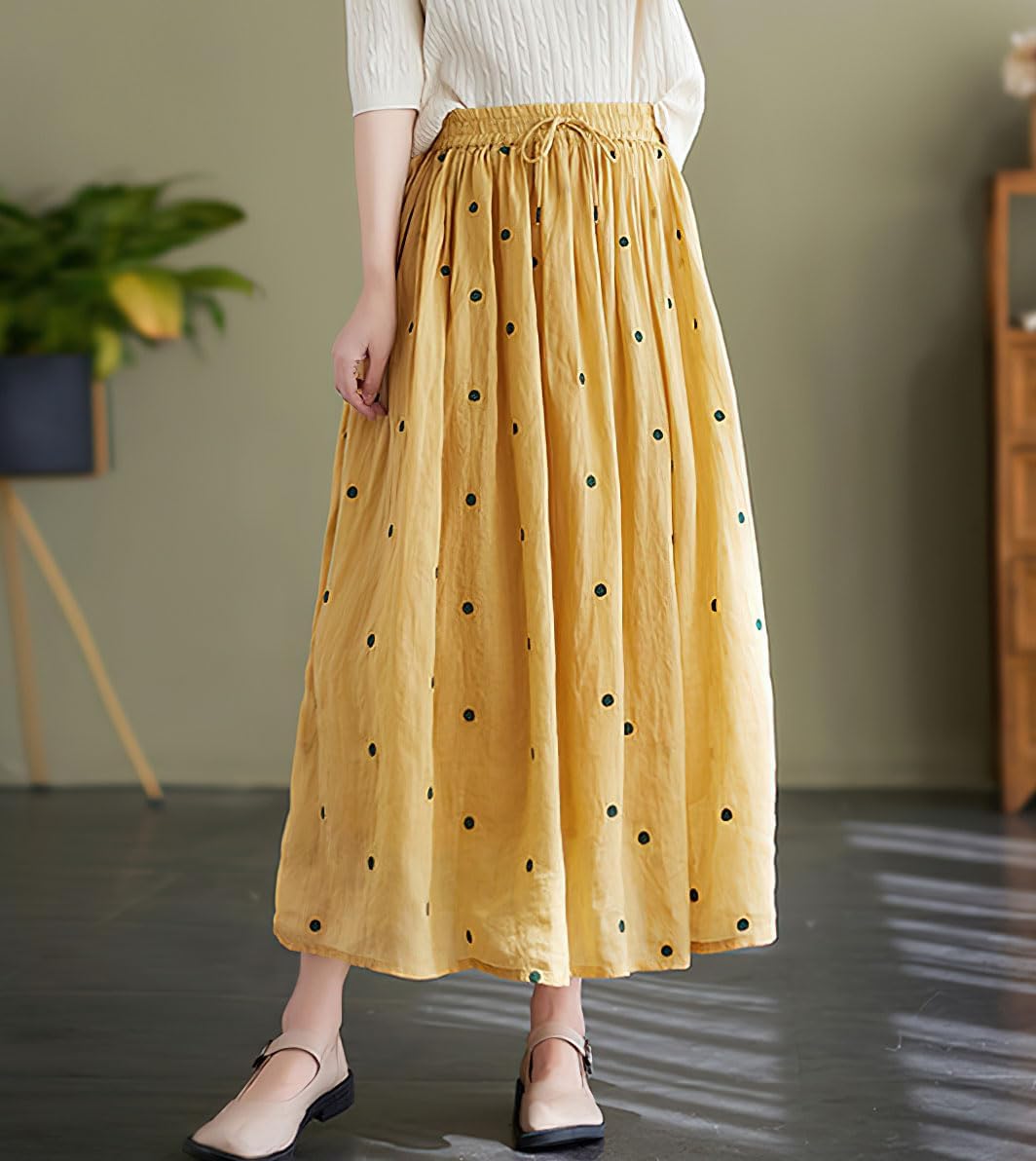 chouyatou Women's Elegant Polka Dot A-Line Skirt Boho Swing Pleated Cotton Midi Long Skirt - Image 2