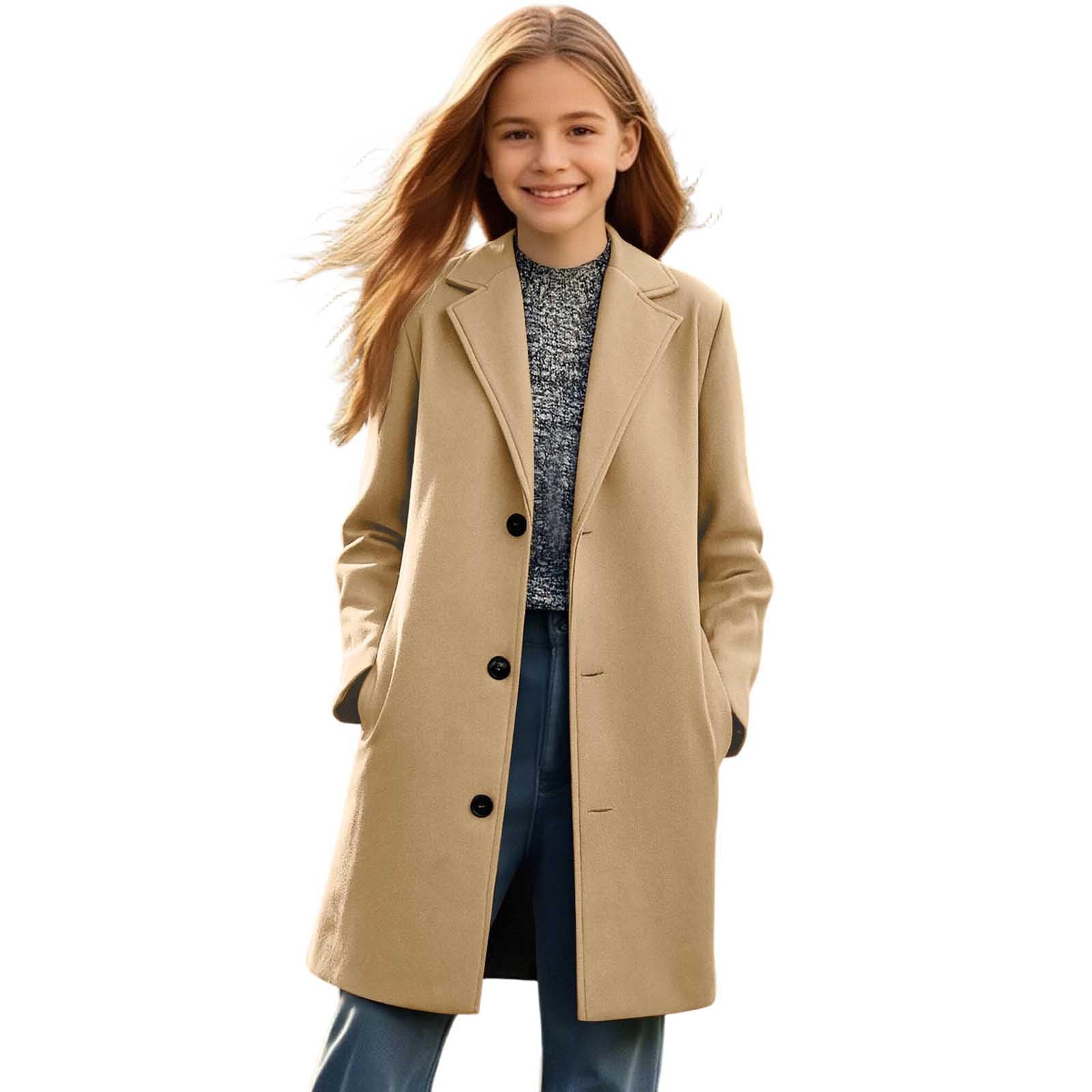 HAOLEI Abrigo Larga para Niñas y Niños,Abrigos de Lana Manga Larga de Cuello de Muesca con Botones Elegante Cálido Cómodo Gabardina con Bolsillos para Otoño e Invierno Ropa Adolescente 5-14 Años