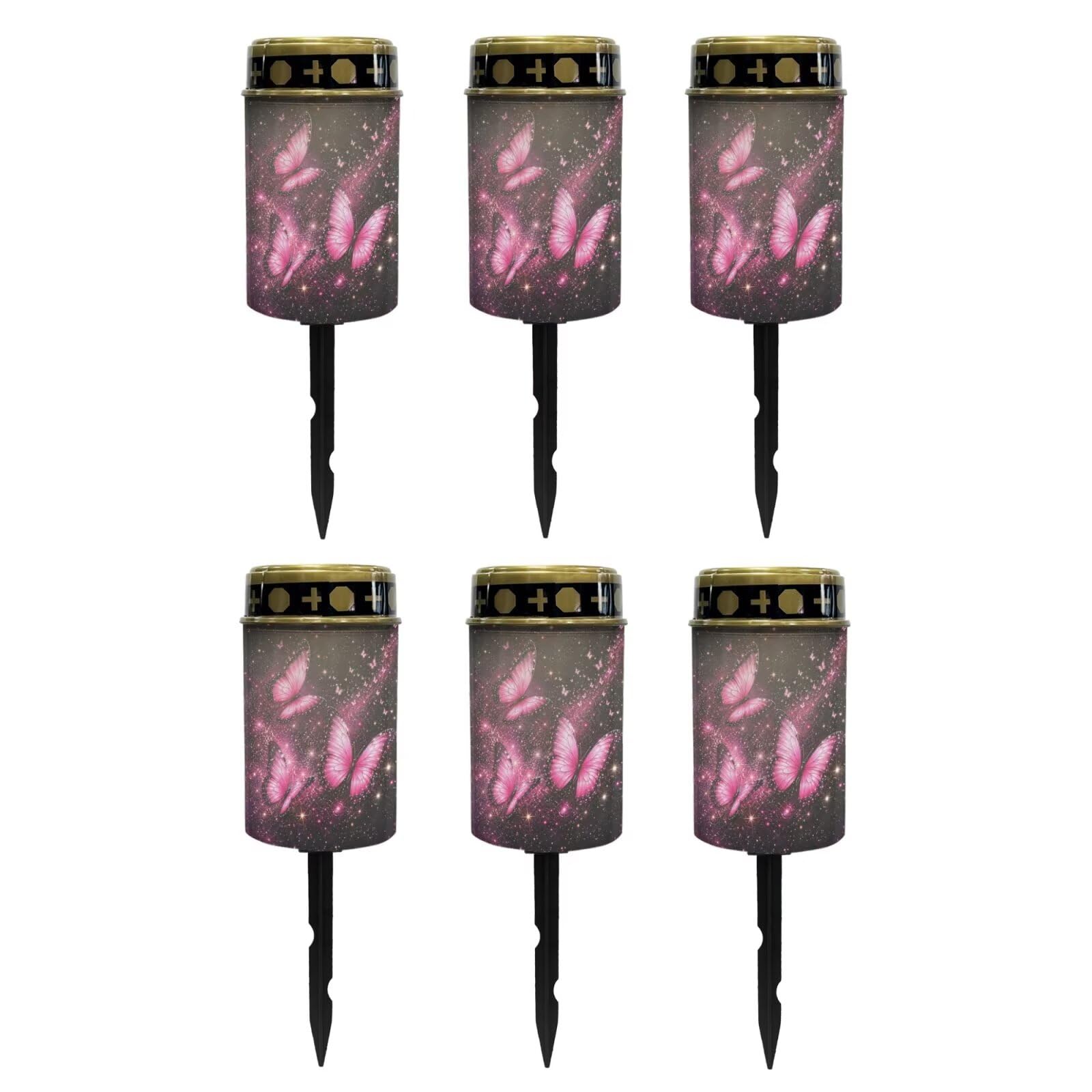 Poceacles Solar Lights Outdoor Waterproof Cemetery Candles Solar Powered Grave Outdoor Decorative Walkway Lights for Lawn Garden Pathway Decor, Pink Butterfly Galaxy, 6 Pcs