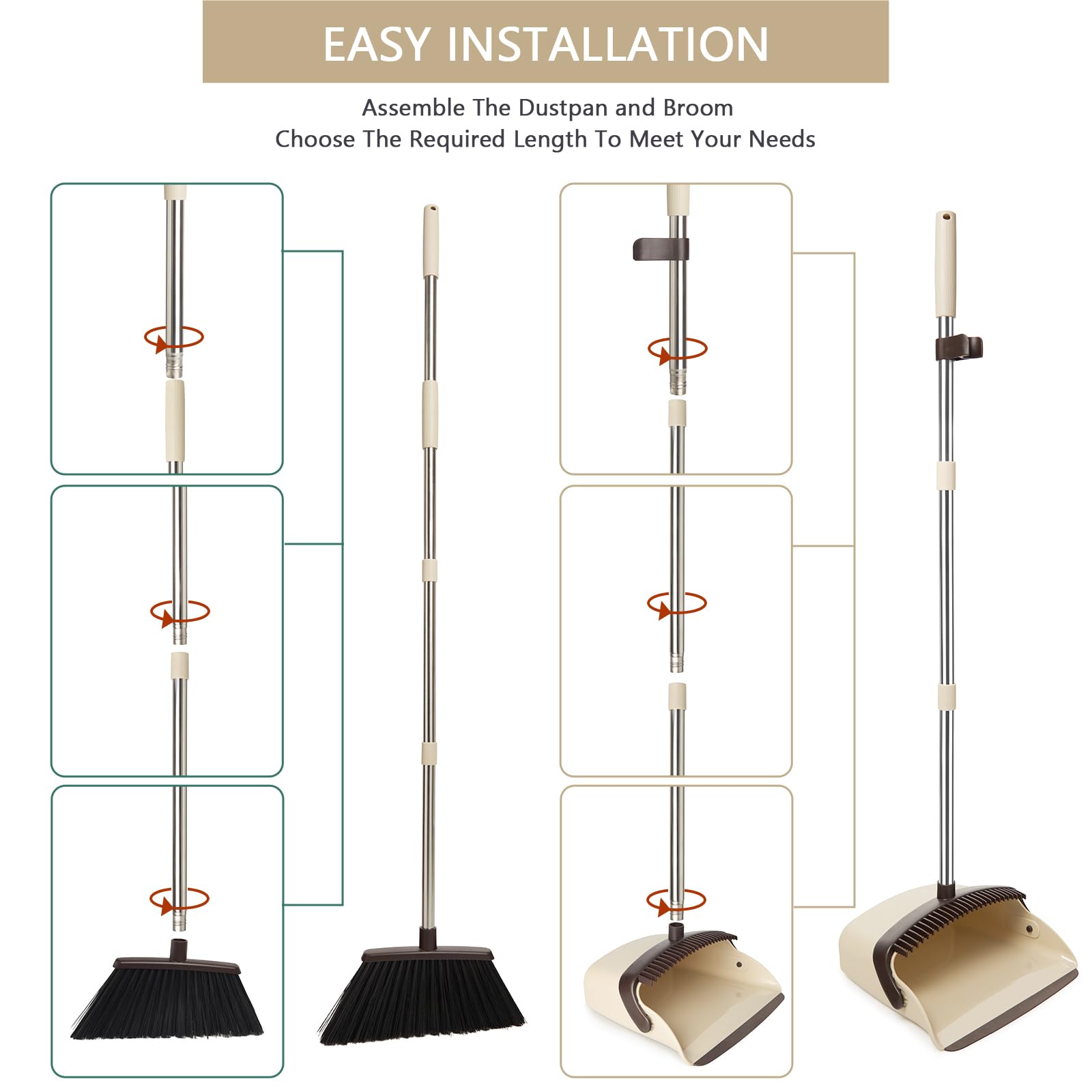 XXFLOWER Broom and Dustpan Combo Set,55" Long Handle,Beige 4