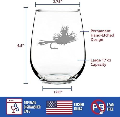 Miniatura 5 de Fly Fishing Stemless Wine Glass - Unique Flyfishing Themed Gifts for Fishermen - Large 17 Oz Glasses