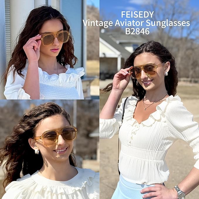 Image of FEISEDY Vintage Aviator Sunglasses Double Bridge Women Men Large Square Thick Frame Trendy Eyewear UV400 B2846