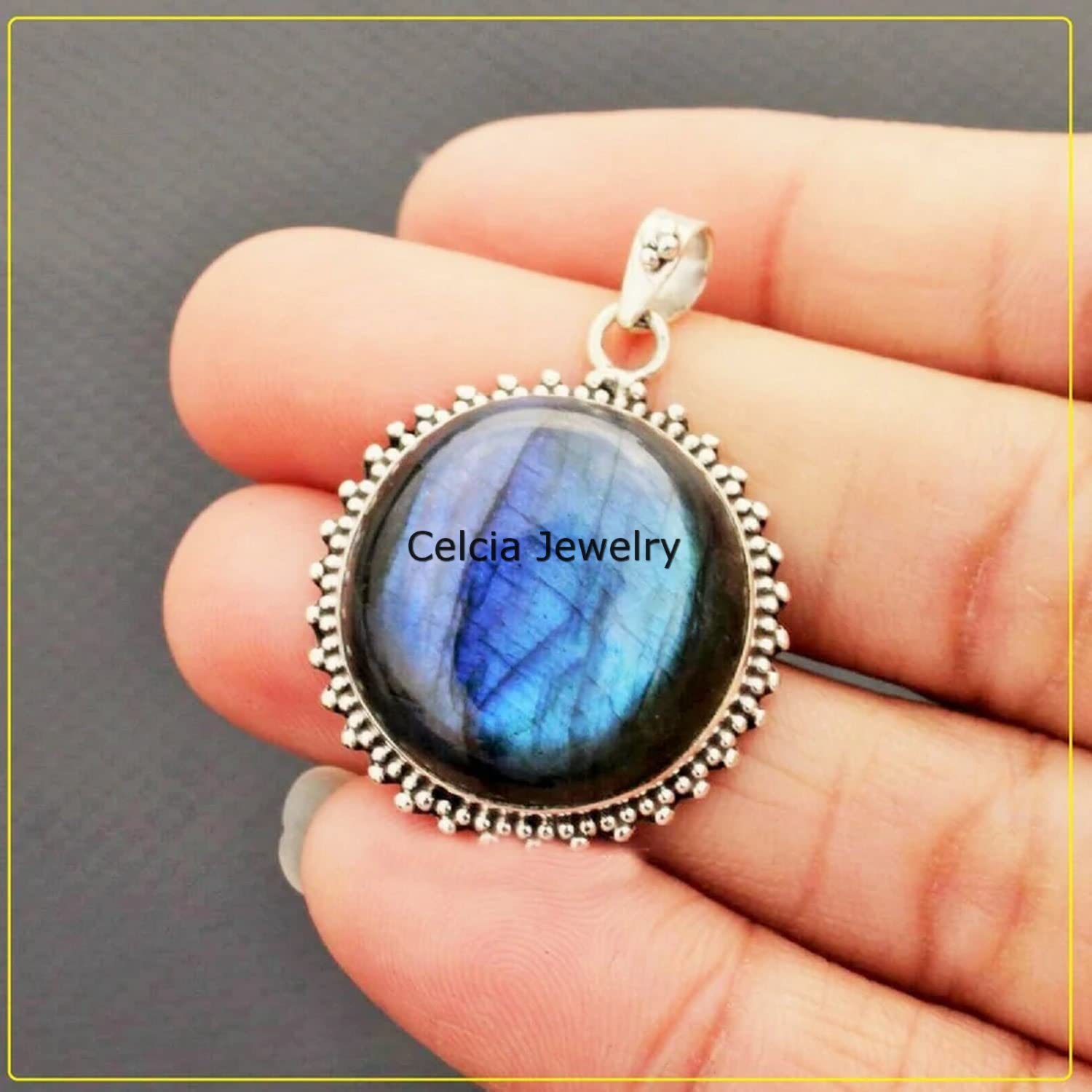 Massiver 925er Sterlingsilber-Anhänger für Damen und Herren, natürlicher Labradorit-Cabochon, runder Edelstein, erstaunlicher handgefertigter Schmuck für Sie und Ihn