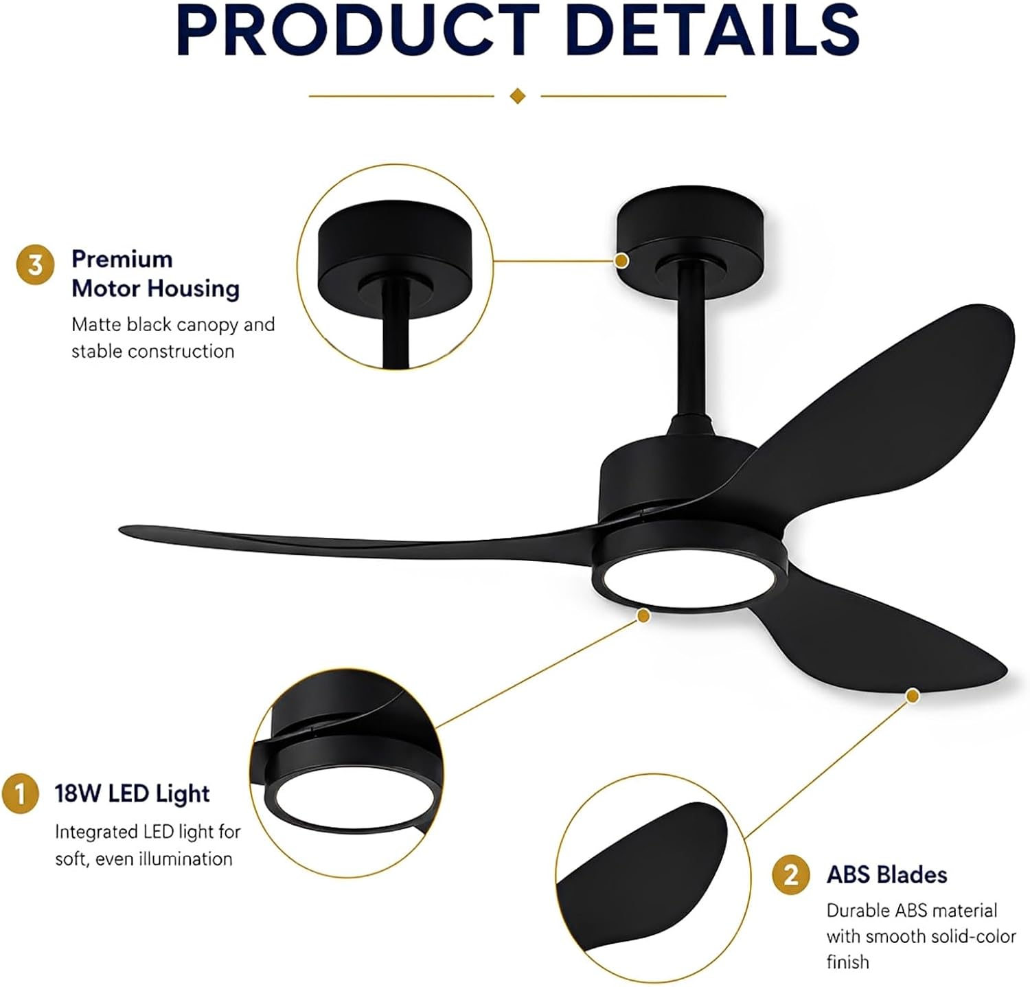 Modern Quiet Ceiling Fan with Light Low Profile Ceiling Fan Light 6-Speeds Ceiling Fan with Remote Control, 3 ABS Blades for Bedroom Living Room Dining Room