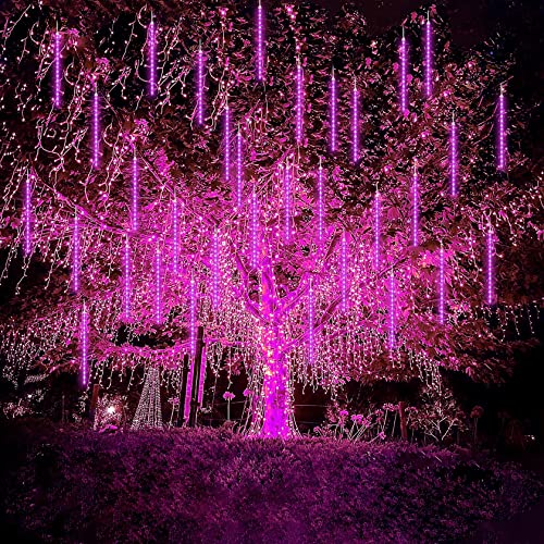 CGUOZI Pluie De MétéoresImperméable Spirale Tubes Guirlande Lumineuse, Météore Douche Lumière pour Noel Extérieure Jardin Arbre Décoration 30cm 8 Tubes 192 LEDS Violet Cover