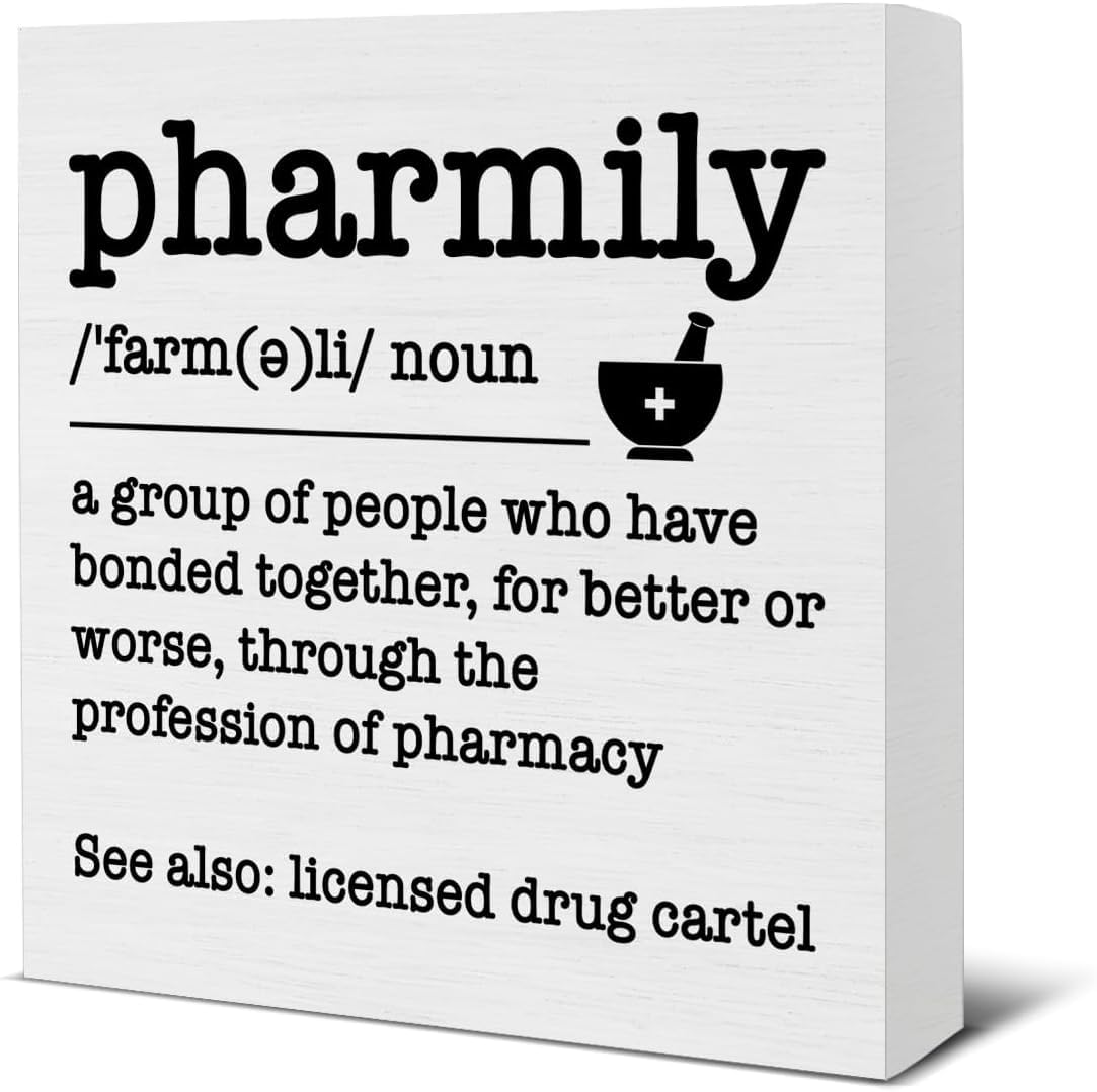Pharmily Box Sign 5x5 Inch Funny Pharmacy Desk Decor Wood Block