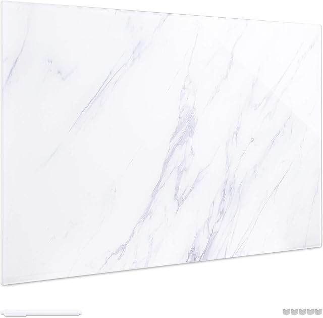 Navaris Magnetic Glass Memo Board - 60x40cm White Marble Design Magnet Board Writable Dry-Erase Planner Board with Pen and Magnets for Office, Kitchen