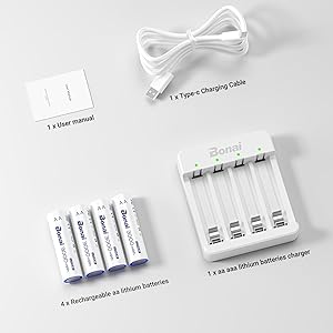 BONAI Rechargeable Lithium AA Batteries with Charger, 1.5V AA Batteries for Blink Camera 4 Count with 1.5H Fast Charge-White
