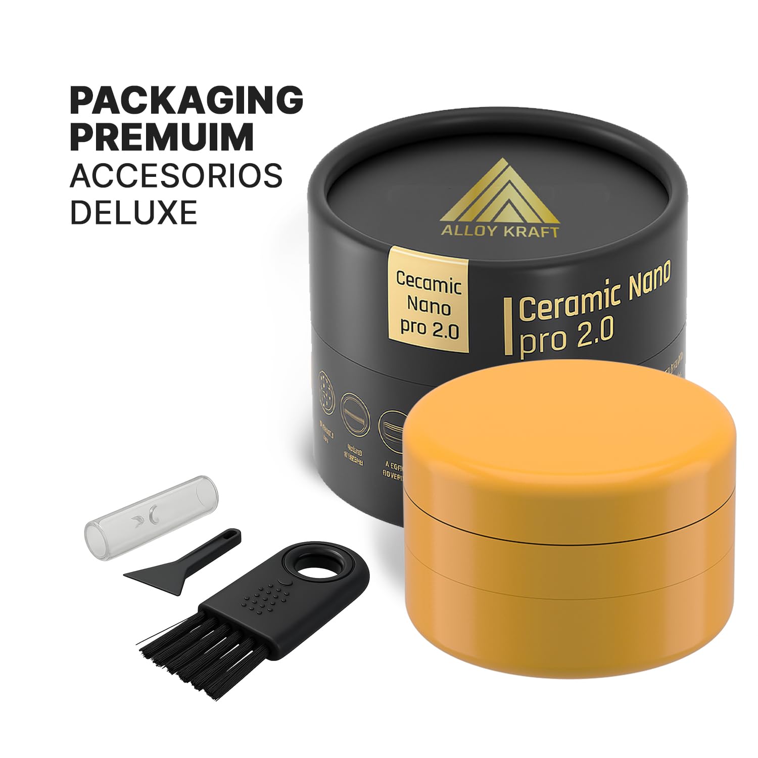 Grinder Premium CERAMIC NANO PRO 2.0 | Recubrimiento Nano Cerámico Antiadherente | Sistema Quick-Connect sin rosca triple imán N52 |62mm Ø Cámara Profunda | Molinillo para Especias (Amarillo)