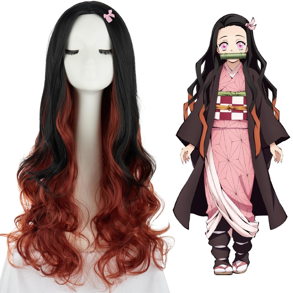 PORSMEER Cosplay Wig for Nezuko Kamado Demon Slayer,Japanese Anime Character Hair with Accessories