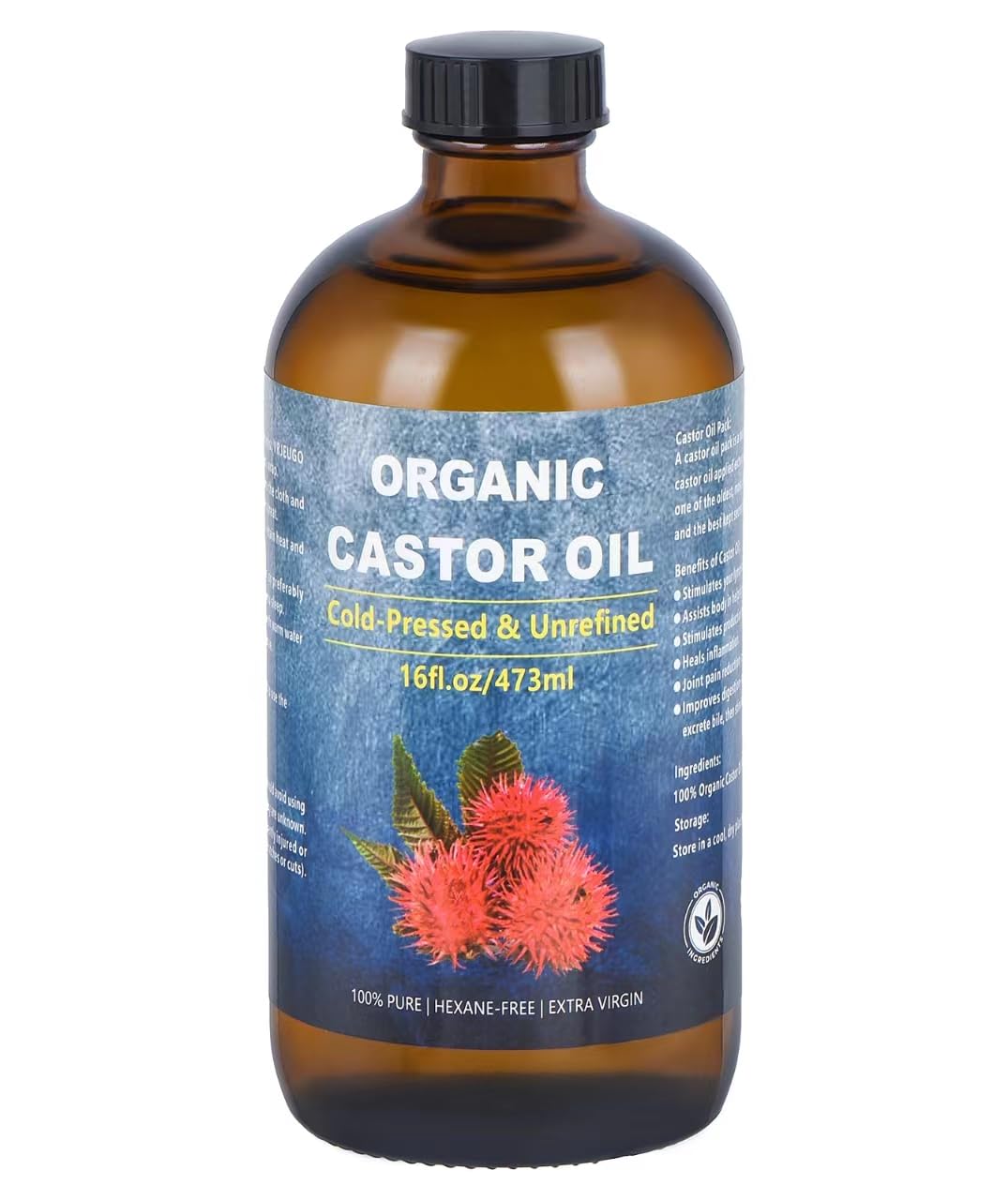 Castor Oil Organic Cold Pressed Unrefined Glass Bottle, Organic Castor Oil for Face, Hair Growth & Thicker Eyelashes, 100% Pure and Hexane Free, 16oz