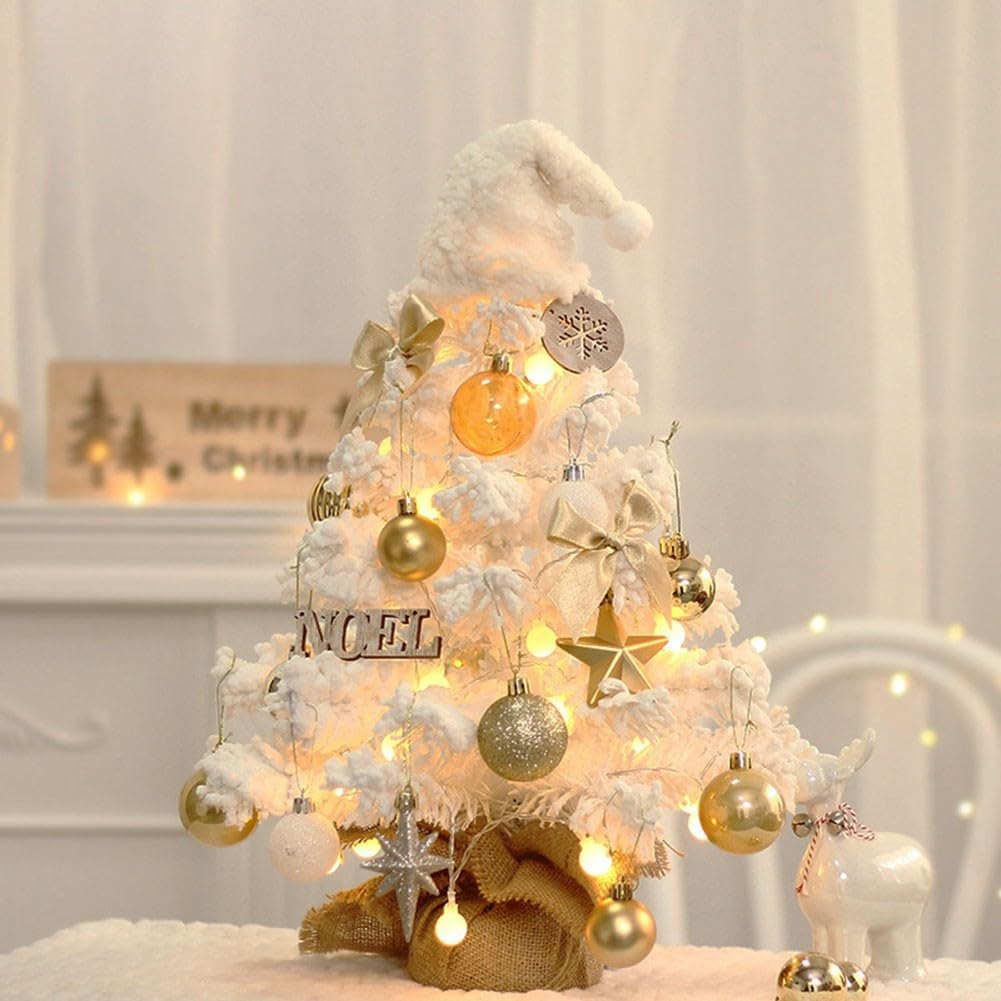 Mini albero di Natale da tavolo con LED bianco e neve, decorazione per la casa