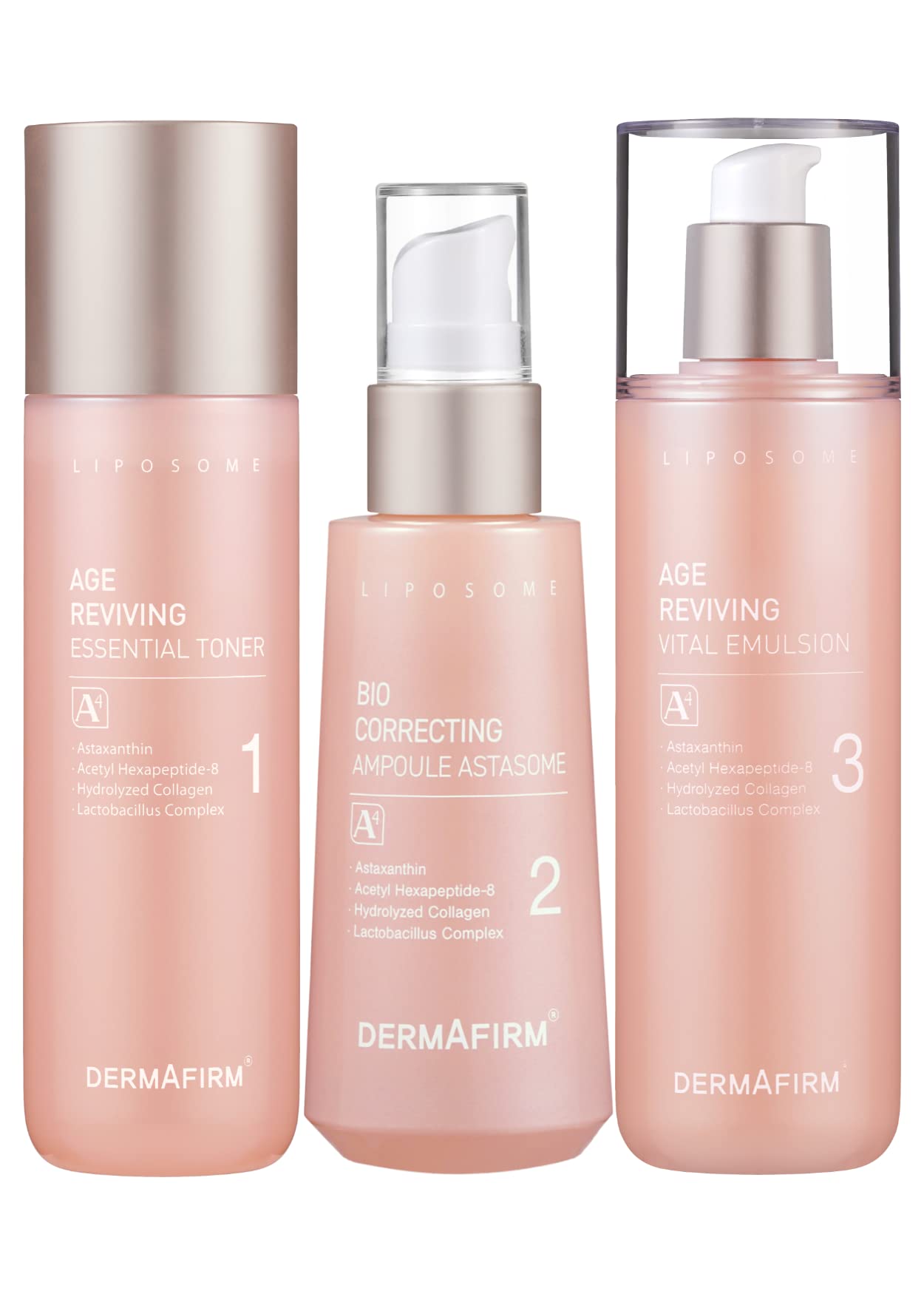 DERMAFIRM A4 Age Reviving Essential Toner, Bio Correcting Ampoule Astasome, and Vital Emulsion