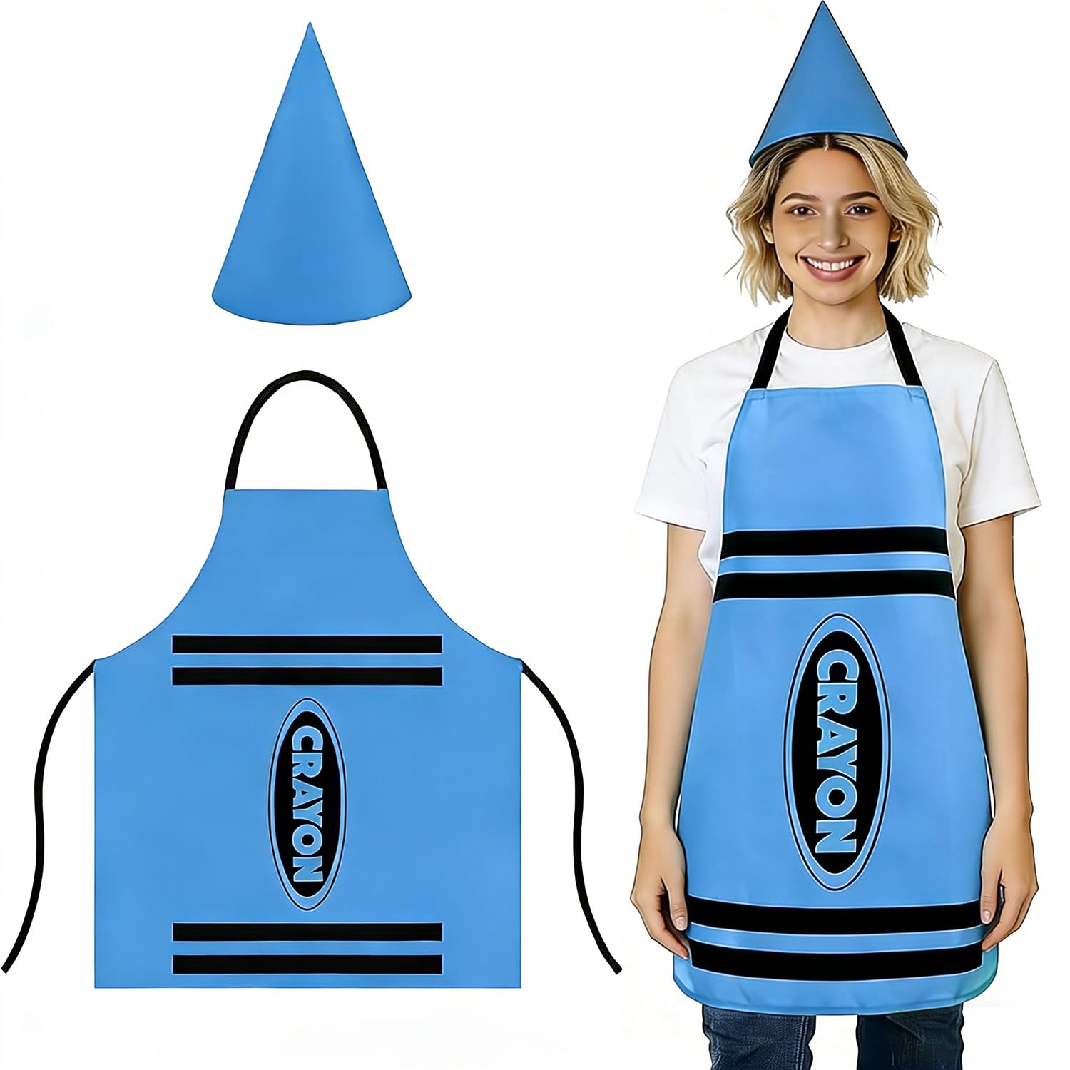 TIHNY Blue Crayon Outfit with Tabard Apron & Cone Hat, Adult Fancy Dress Costume, Ideal for Role Play, School Events and World Book Day