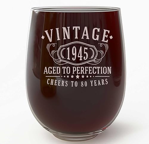 Copa de vino grabada vintage de 17 onzas sin tallo de 17 onzas Regalos de feliz cumpleaños 80 para mujeres y hombres, saludos a cumplir 80 años,