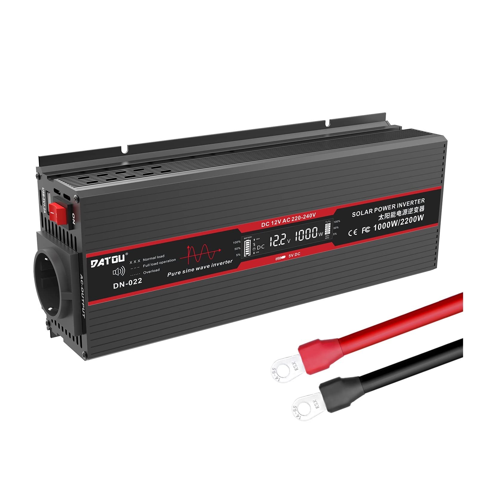 Inversor de Onda sinusoidal Pura 2200W DC 12V a AC 220V 230V inversor de Corriente Potencia Continua 1000W inversor Solar con USB(Noir)