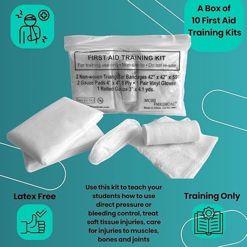Miniatura 3 de Kit de entrenamiento de primeros auxilios con rodillo de gasa con almohadillas de gasa y vendajes triangulares y guantes, paquete de 10 MCR Medical