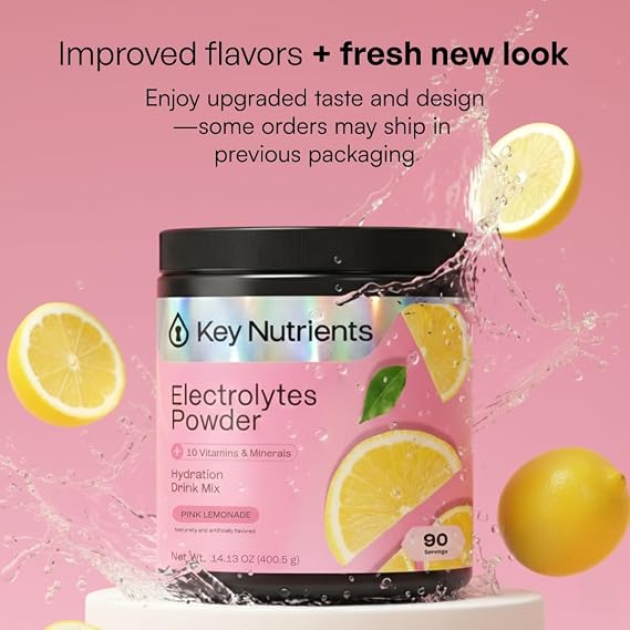 KEY NUTRIENTS Electrolytes Powder Bundle, Refreshing Lemonade 90 Servings Jar + Fresh Pink Lemonade 90 Servings Jar, Sugar Free Hydration Drink Mix with Vitamins & Minerals, No Calories