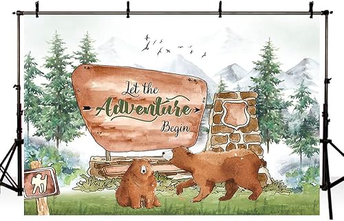Vista 3 de MEHOFOND Telón de fondo para baby shower de bosque, Let The Adventure Begin, pino, montaña, desierto, bosque, baby shower, fondo de fotografía