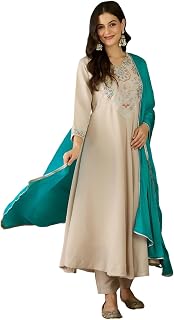 Navlik Women's Rayon Embroidered Flared Kurta with Pant and Dupatta Sets (NK-784) Price In India