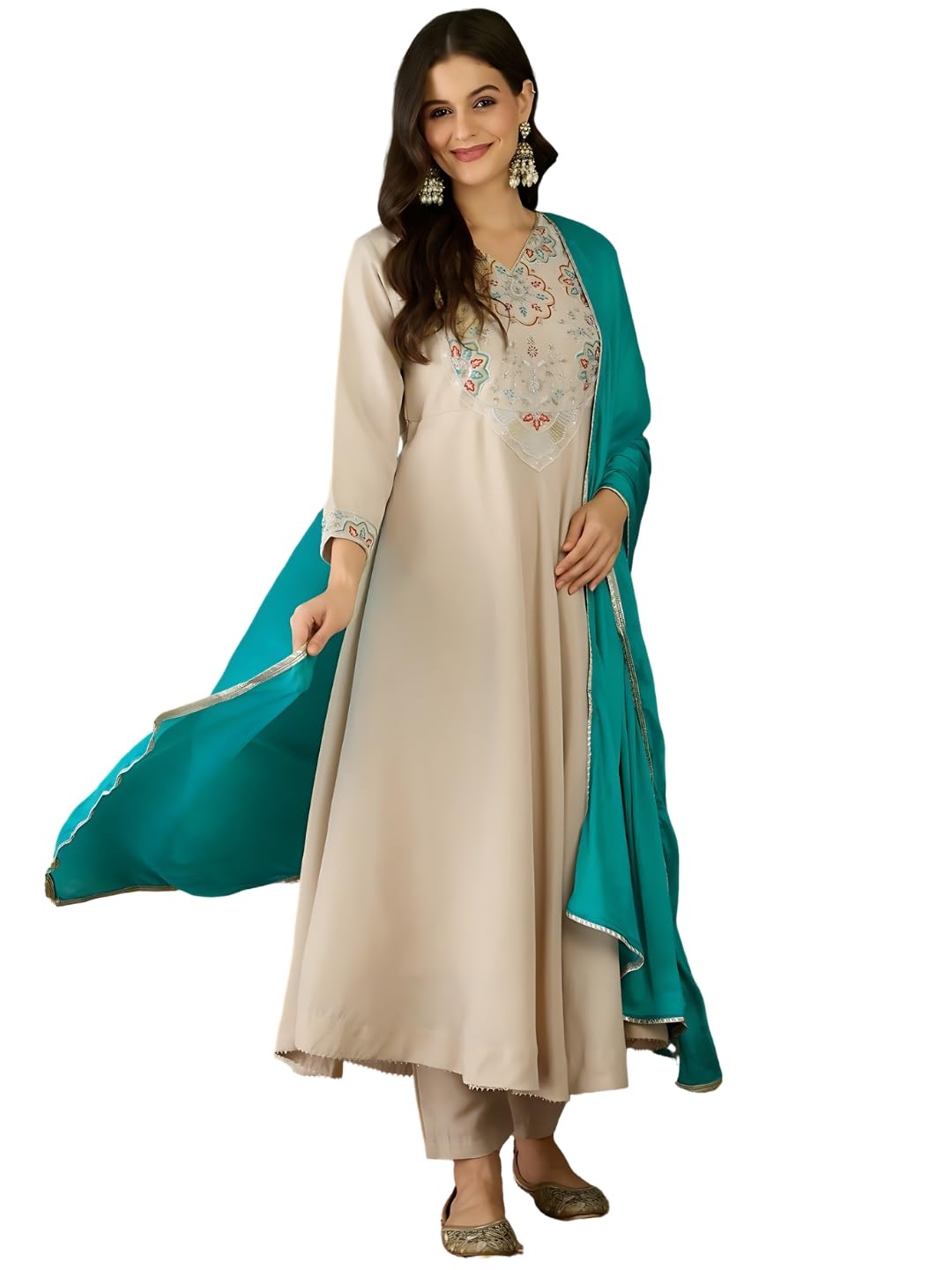 Navlik Women's Rayon Embroidered Flared Kurta with Pant and Dupatta Sets (NK-784)