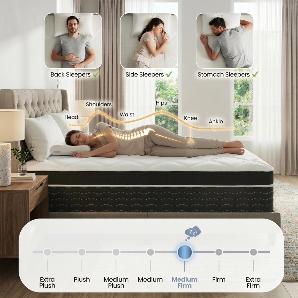Ruoysun Luxury King Size Mattress 12 Inch, Hybrid King Mattress in a Box, 7-Zones& Extra Edge Support, Cooling Gel Memory Foam& Pocketed Spring, Motion Isolation, Pressure Relief, Medium Firm