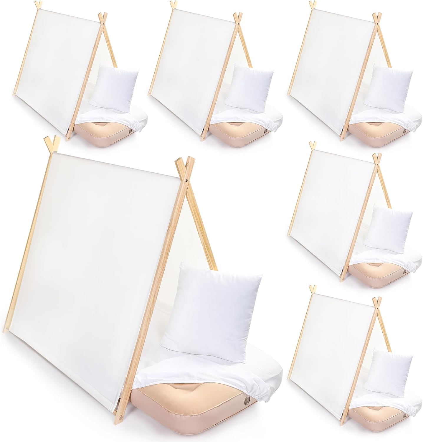 4 Sets Teepee Tent with Inflatable Airbed, Fitted Sheet and Pillow Inserts Play Tent White Washable Foldable for Indoor Outdoor Slumber Party Sleepover Playhouse