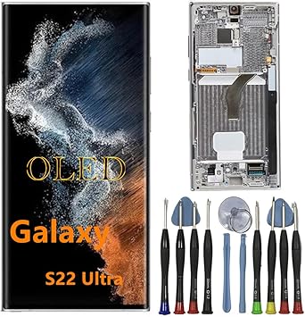 OLED Galaxy S22 Ultra Screen Replacement for Samsung S22ultra 5G Display Touch Screen Digitizer Assembly S908U S908B/DS S908U1 S908W S908E LCD Support Fingerprint and S-Pen with White Frame+Tools