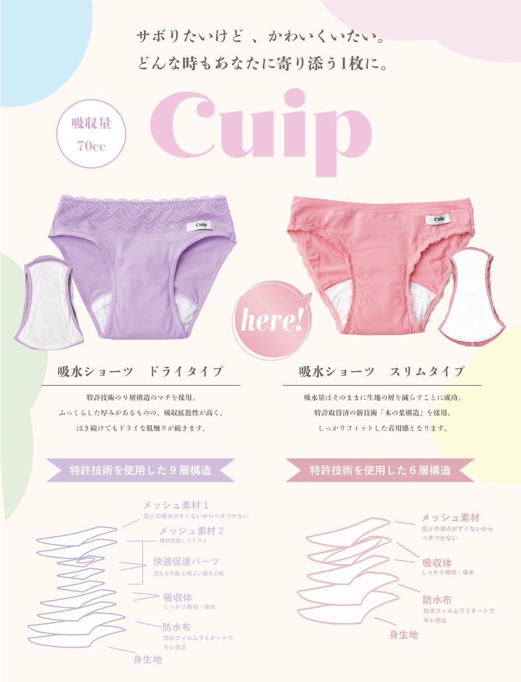 [Cuip] 吸水ショーツ キュイップ（スリムタイプ） 最大70cc吸水 サニタリーショーツ 吸水ショーツ 生理用ショーツ 可愛い レディース レース 浅め 漏れ防止 綿混 尿もれ インナー - 5